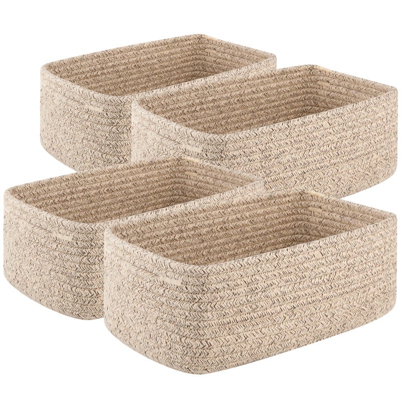 OIASKET 4 Pack Small Storage Shelf Baskets for Organizing  Mini Woven Rope Storage Bins for Towels  Cute Decorative Closet Organizer Baby Nursery  Gift Empty Baskets -11.81''Lx7.87''Wx4.72''H'-Brown - Image 1